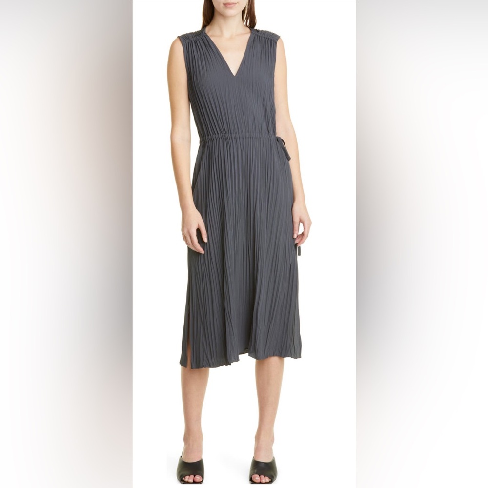 Vince V Neck Pleated Crinkle Midi Dress  Sleeveless Gray Pockets Waist Tie 3X